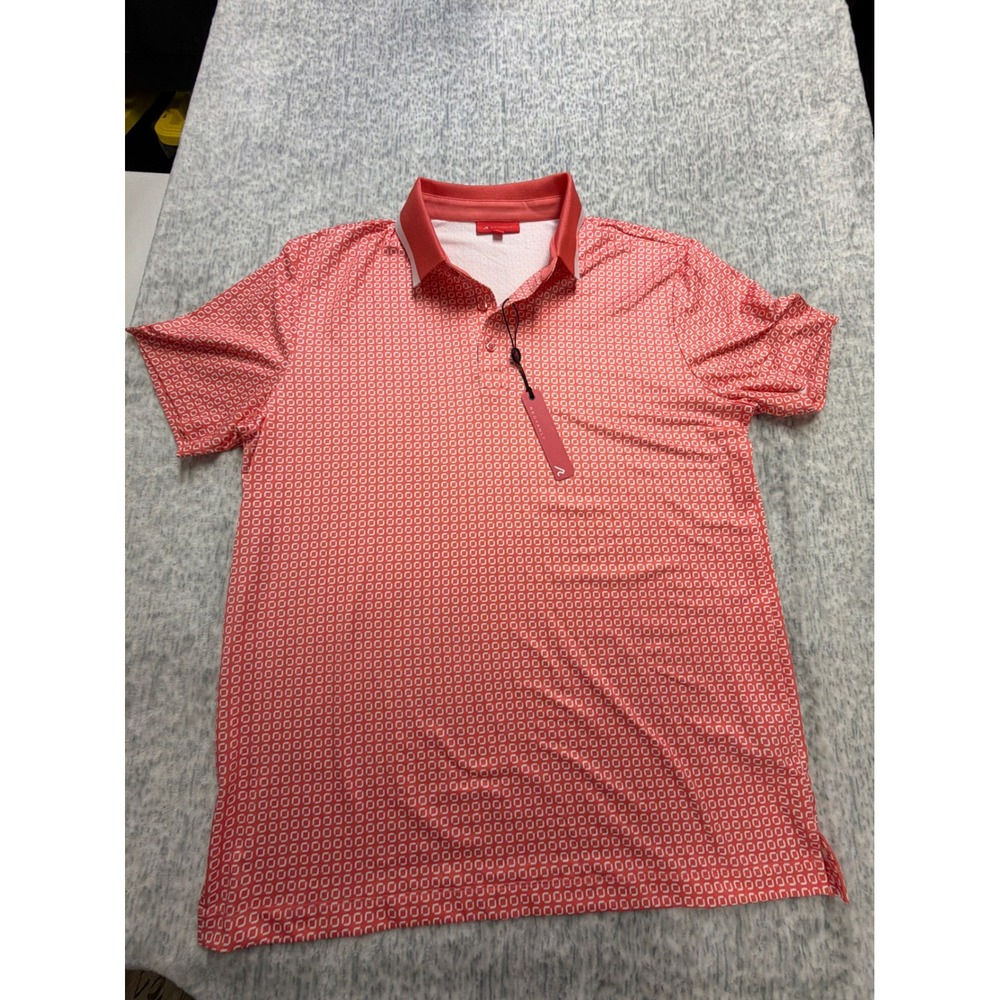 Redvanly Mens Golf Polo Shirt Coral Pink Geometric Link Print Short Sleeve L NEW